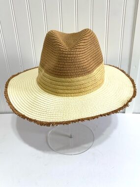 Jacobson Hat Two Tone Straw Sun Hat Wide Brim Frayed Edge Beach 21.5”